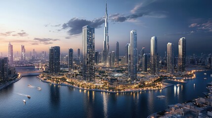 Naklejka premium eye view of Business Bay, high-rise architecture with sky space for copy.