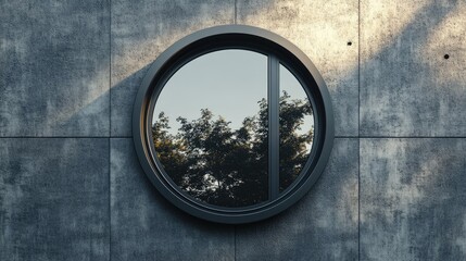 Circular window with metal frame on a modern facade, space for text around it.