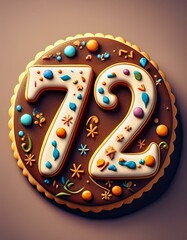 Decorated cookie, number 72, image for birthday or anniversary celebration