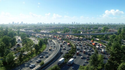 Obraz premium Aerial view of a busy highway with traffic and greenery.