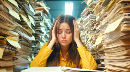 Tired businesswoman stressed at her desk surrounded by towering piles of paperwork and documents in a cluttered office environment