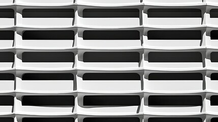 Clean lines on facade with repetitive balcony patterns, open background.