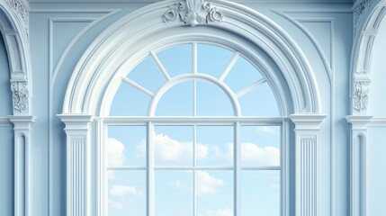Fototapeta premium Close-up of classic arch window with intricate frame, spacious background.