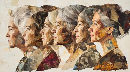 Collage shows a woman's aging process with overlapping portraits, symbolizing transformation and time.