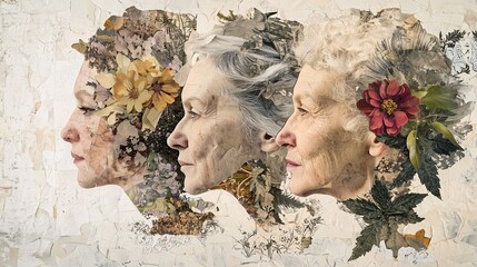 Collage shows a woman's aging process with overlapping portraits, symbolizing transformation and time.