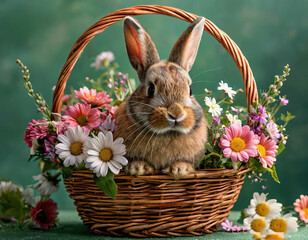 rabbit in a basket with flowers. Cute pet