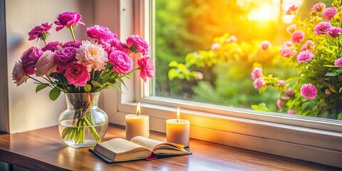 A still life tableau of soft pink flowers, a worn book, and a gently glowing candle.