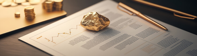 Gold nugget alongside business documents on a sleek desk, symbolizing investment, success, and financial growth