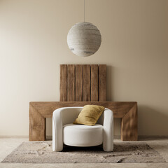 Boho style decorated livinig room. Modern, authentic Interior design of living room. 3D illustration