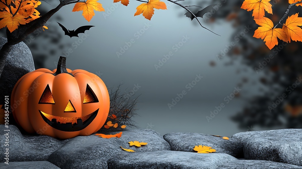 Poster halloween pumpkin on rocks subtle blur background with space for custom text