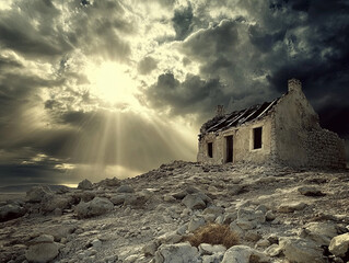Desolate ruins under dramatic clouds, showcasing resilience in nature beauty. sun rays illuminate abandoned structure, creating haunting yet captivating scene