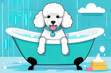 A happy poodle enjoys a relaxing dog spa bath in a teal tub, surrounded by bubbles, shampoo, and soap, illustrated in a playful cartoon style.