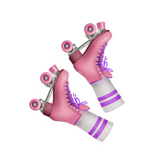 A pair of retro style roller skates in pink acid color with purple shoe laces with white sock and purple stripes as a symbol of 80s 90s,nostalgia and youth.Watercolor illustration isolated on white