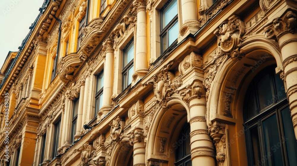 Poster decorative columns on grand building facade, architectural details with open copy space.