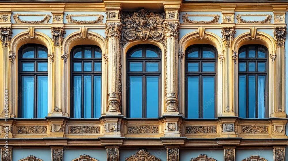 Poster decorative columns on grand building facade, architectural details with open copy space.