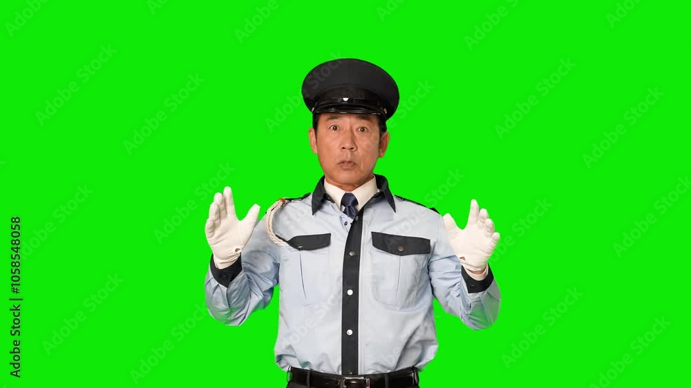 Aufkleber びっくりする男性警備員　クロマキー合成用グリーンバック動画