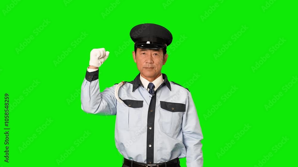 Aufkleber ガッツポーズする男性警備員　クロマキー合成用グリーンバック動画