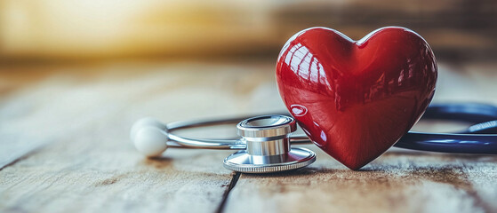 Red Heart and Stethoscope on a Wooden Surface.