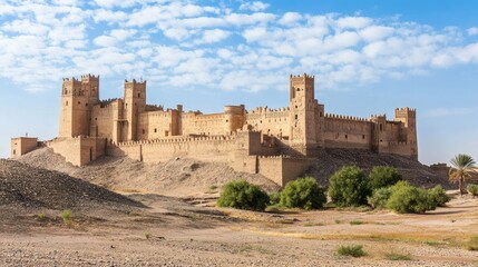 Desert fortress-style architecture with high walls and towers, open space for text.