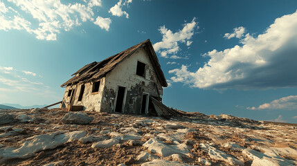 Dilapidated house leaning on rocky terrain under dramatic sky. structure shows signs of decay, evoking sense of abandonment and nostalgia