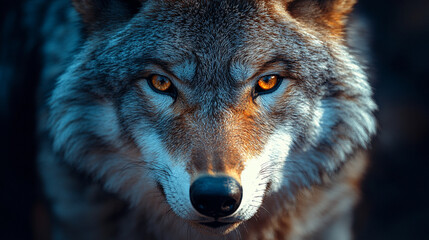 Close-up of a wolf's face. Its eyes are a striking orange-yellow.