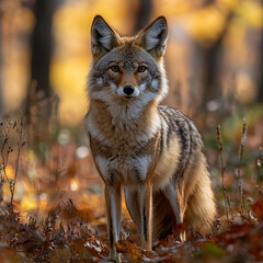 Fototapeta premium The image is an illustrative painting of a coyote centered in a field. The coyote is tan with dark fur tips, it's facing the viewer with bright orange eyes.