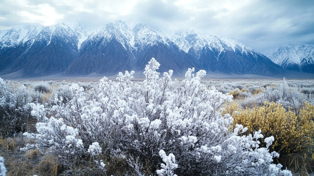 Frost-covered shrubs in a cold desert landscape with snow-capped mountains in the background under a cloudy sky.