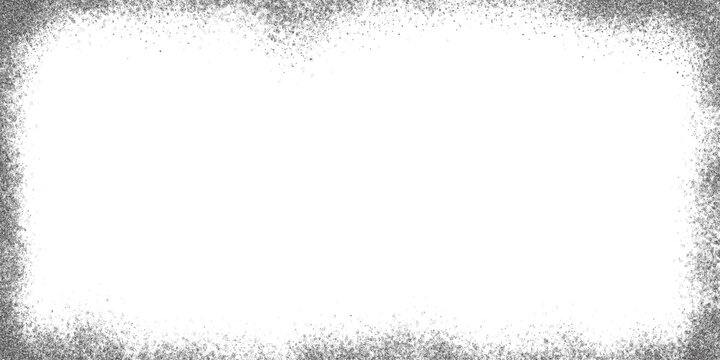 Stipple grunge frame. Edged textured border. Grainy vector background with snow effect. Paper fade noisy gradient template. Dotted sand distress design with points gradation