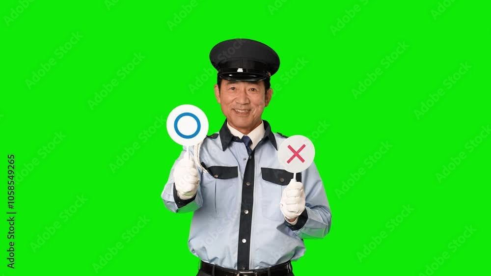 Aufkleber マル印を見せる男性警備員　クロマキー合成用グリーンバック動画