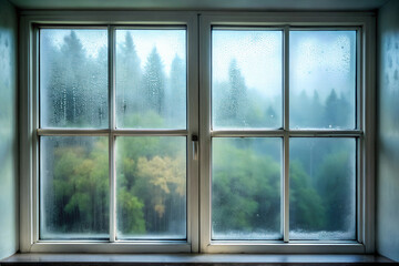 Fototapeta premium Old shabby foggy window with a view of nature