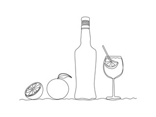 spritz aperol cocktail and orange. Glass bottle with liquor, alcohol. continuous single line art drawing sketch, logo