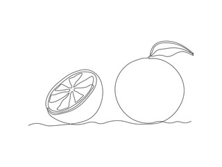 Orange fruit and a slice, continuous single line art drawing sketch, logo