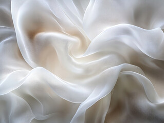 Soft flowing white silk fabric creates elegant and delicate texture, perfect for backgrounds or fashion designs. gentle waves evoke sense of calm and sophistication