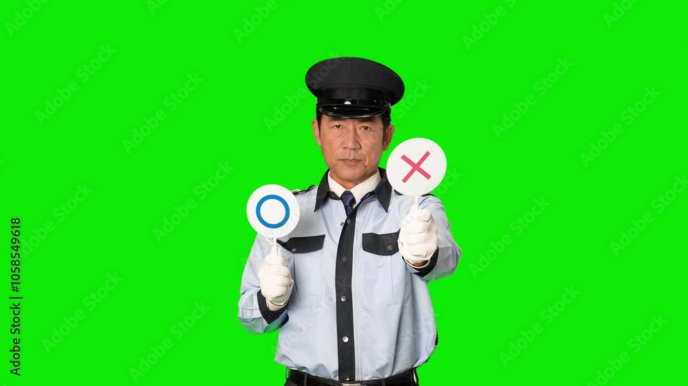 Aufkleber バツ印を見せる男性警備員　クロマキー合成用グリーンバック動画