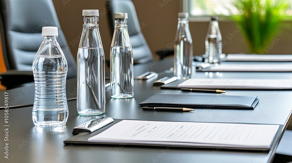 Poster meeting room setup with water bottles minimalist white background with space for text