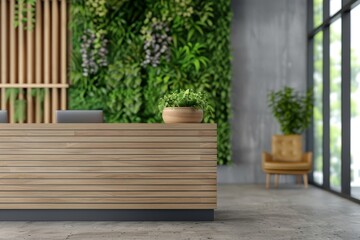 Fototapeta premium Blurred modern office reception area with a green wall.