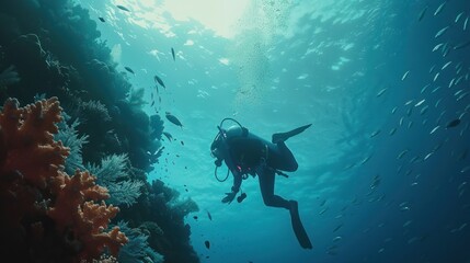 Fototapeta premium Scuba diver in tropical sea marine coral reef underwater, AI generated image