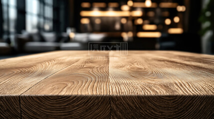 Obraz premium Close-up of wooden table surface with blurred modern interior background and warm lighting