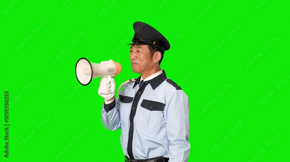 Aufkleber 拡声器を使って誘導する男性警備員　クロマキー合成用グリーンバック動画