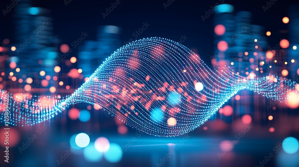 Poster abstract data wave with city lights simple neutral background with free space for design