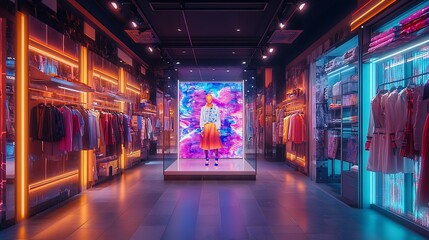 Vibrant fashion showcase in a modern retail environment with neon lights