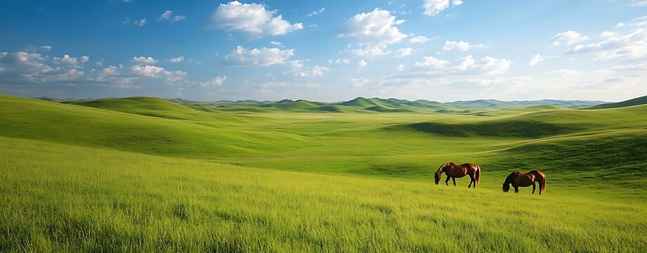 Serene Mongolian Grassland with Horses Under Bright Sky
