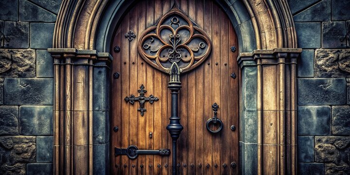 Mysterious gothic door with enigmatic key in asymmetrical design