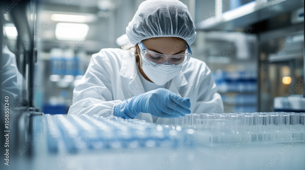 Poster scientist conducting experiments in a laboratory during daylight, focusing on sample analysis and pr