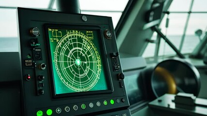 A radar display in the bridge of a ship shows a detailed scan of the surrounding waters