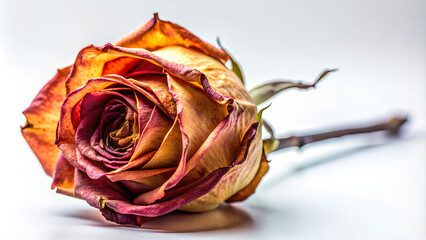 Macro one dried rose on white background