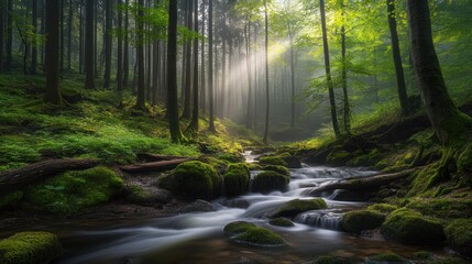 Obraz premium Sunlight beams through a misty forest, illuminating a stream flowing through mossy rocks.