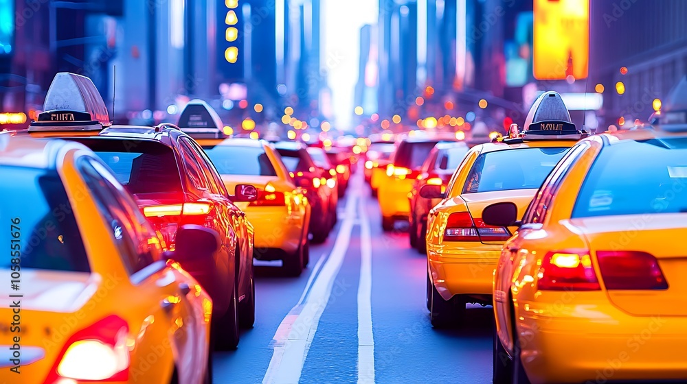 Poster yellow cabs in city traffic abstract gradient background with copy space