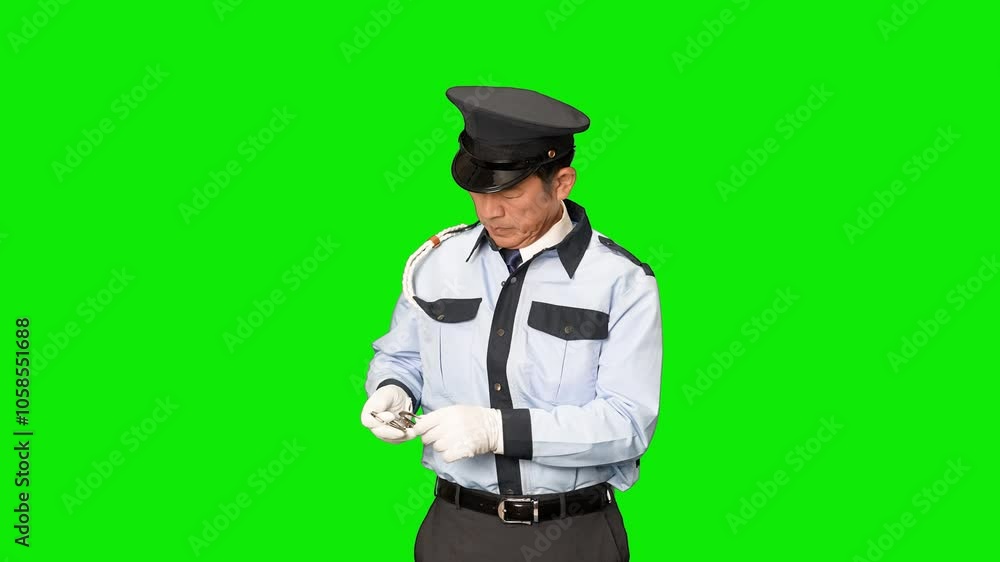 Aufkleber 手錠を見せる男性警察官　クロマキー合成用グリーンバック動画