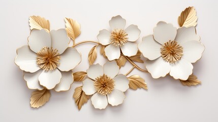 Elegant 3d gold flower arrangement on white background with clean minimalist space


